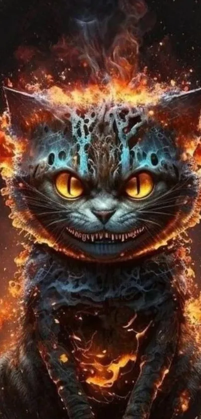 Fiery cat with glowing eyes in fantasy artwork.