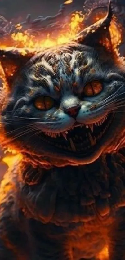 Fiery fantasy cat with glowing eyes and vivid colors, perfect for a mobile wallpaper.