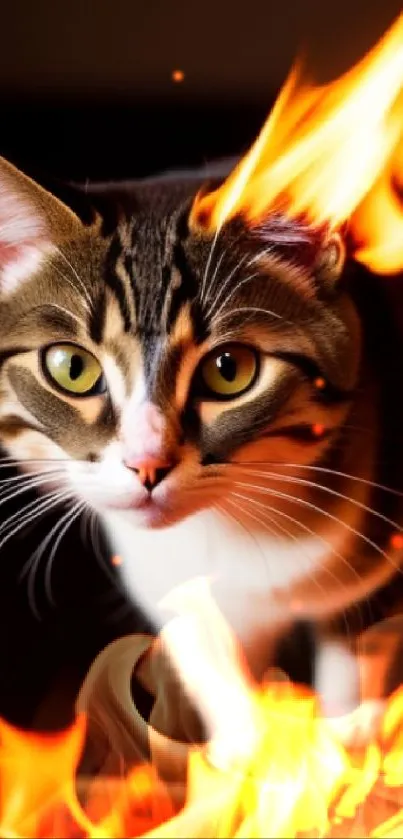 Cat surrounded by vivid flames in a fiery mobile wallpaper.