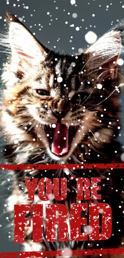 Fierce cat with 'You're Fired' text on a snowy background.