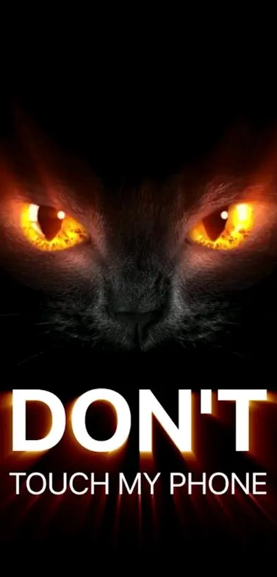 Fiery-eyed cat with "Don't Touch My Phone" text on black background.