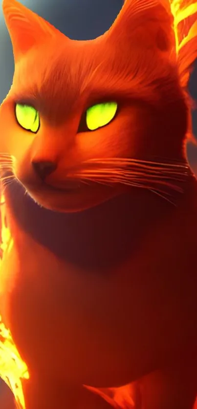 Fiery cat with neon green eyes in a fantasy art style.