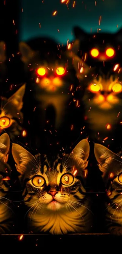 Cats with glowing orange eyes in the dark, highlighted by fiery sparks.