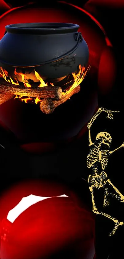 Wallpaper of fiery cauldron with dancing skeleton on a red background.