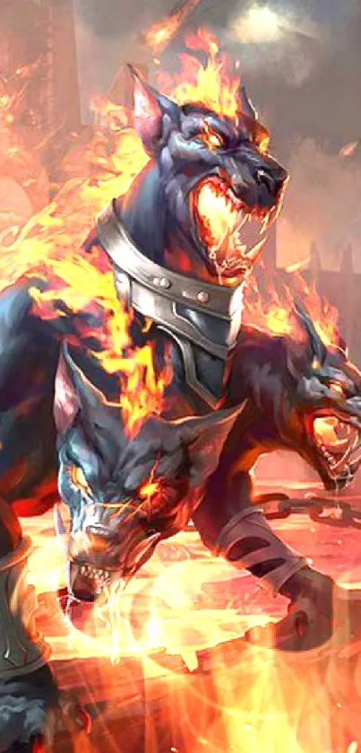 Fiery three-headed Cerberus fantasy art in vivid colors.