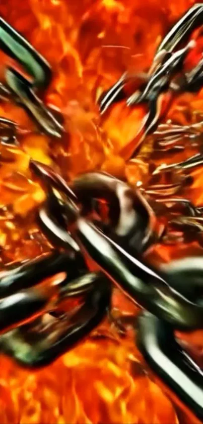 Fiery chains with intense orange flames create a bold digital design.