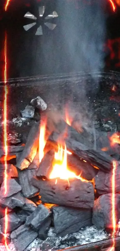 Close-up of glowing charcoal and flames on a grill for phone wallpaper.