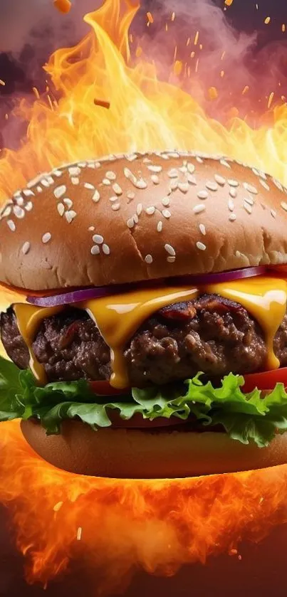 Cheeseburger with flames in background