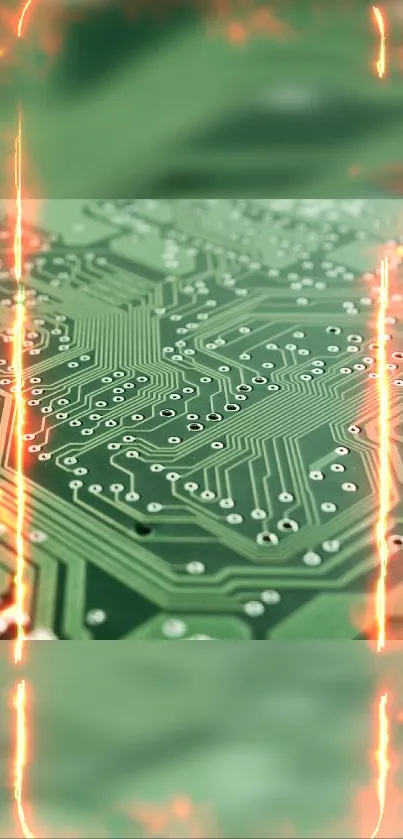 Dynamic circuit board wallpaper with fiery accents and a tech theme.