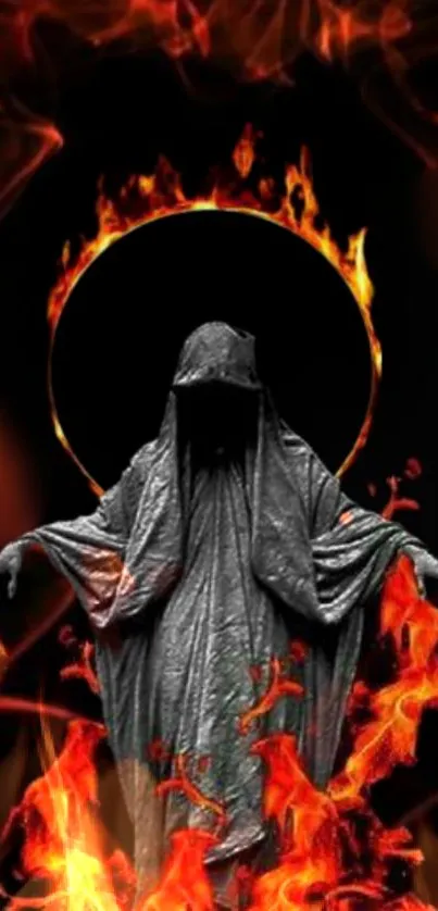 Cloaked figure with fiery background and dark tones wallpaper.