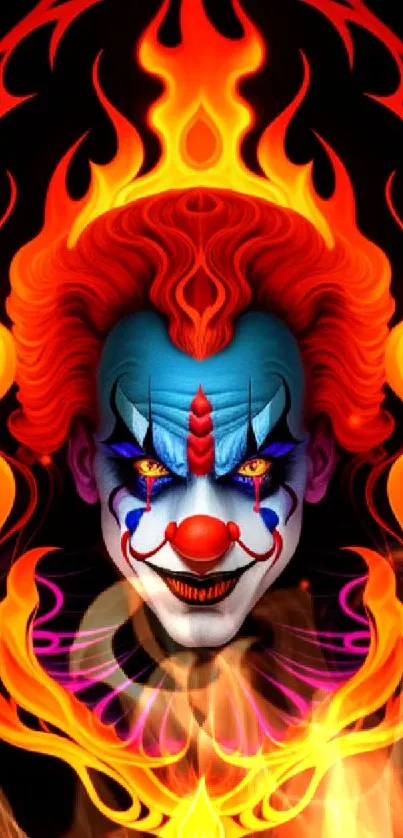 Fiery clown face with vivid colors and flames on a dark background.