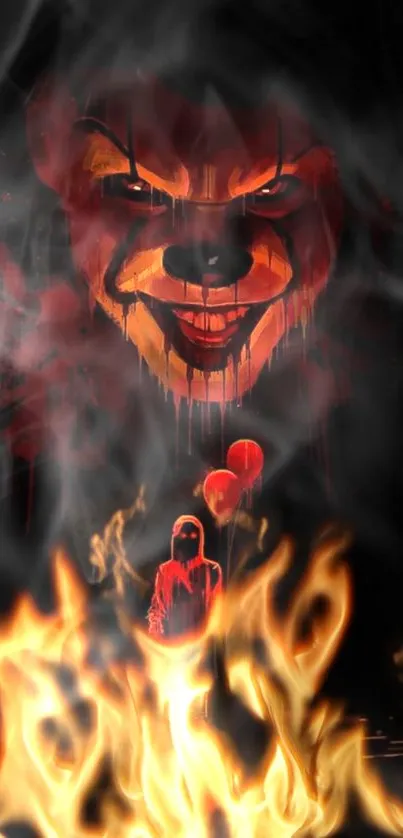 Sinister clown face with flames and smoke, creating a chilling horror wallpaper.