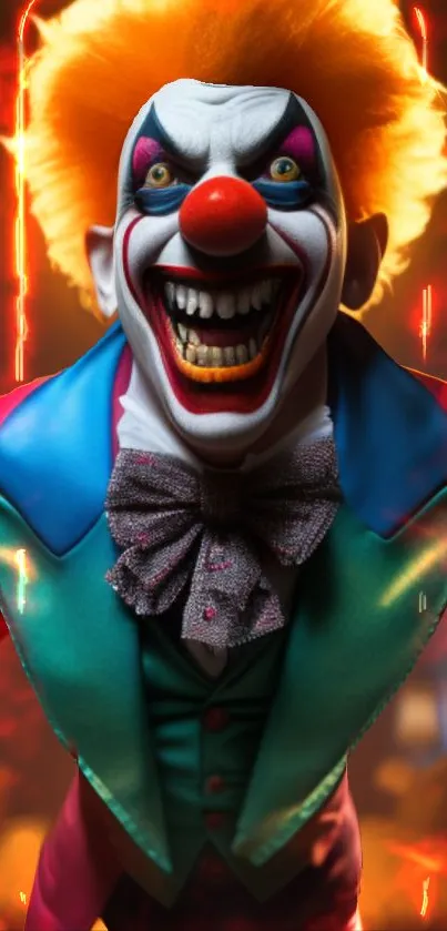 Sinister clown with fiery background on mobile wallpaper.