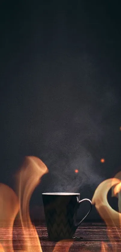 Steaming black coffee mug surrounded by flames on dark wooden table.