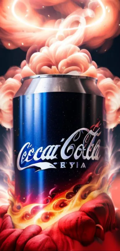 A fiery cola can art with vibrant red flames.