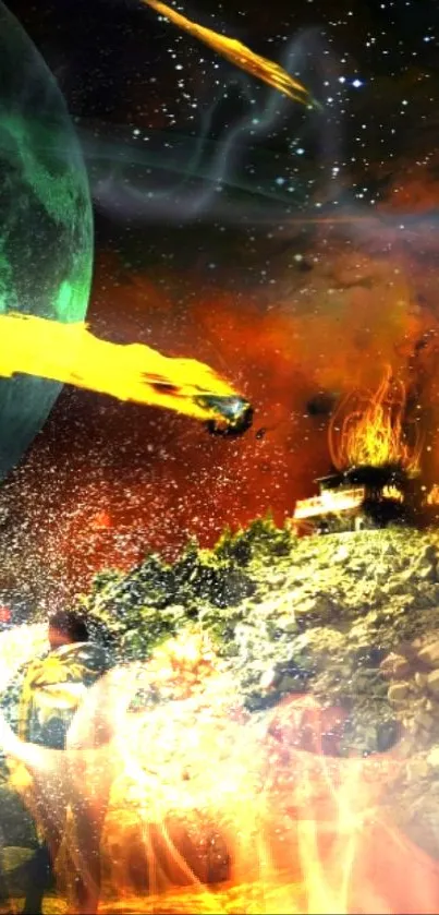 Fiery cosmic adventure with planet and meteor shower scene.