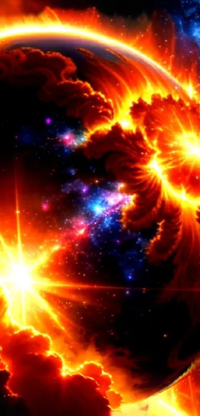 Vibrant fiery cosmic explosion wallpaper with bold orange and space elements.