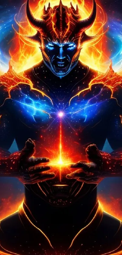 Fiery cosmic demon illustration with blue and orange flames.