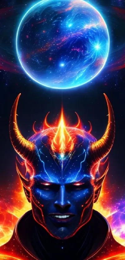 Cosmic demon with fiery horns against a galactic backdrop.