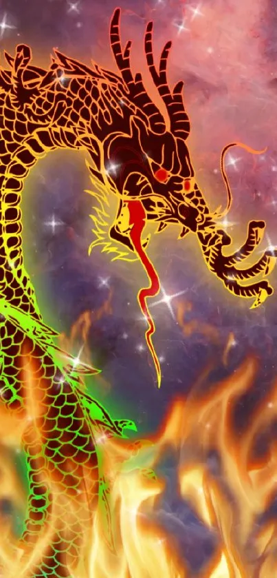 Fiery cosmic dragon with vibrant colors and celestial background.