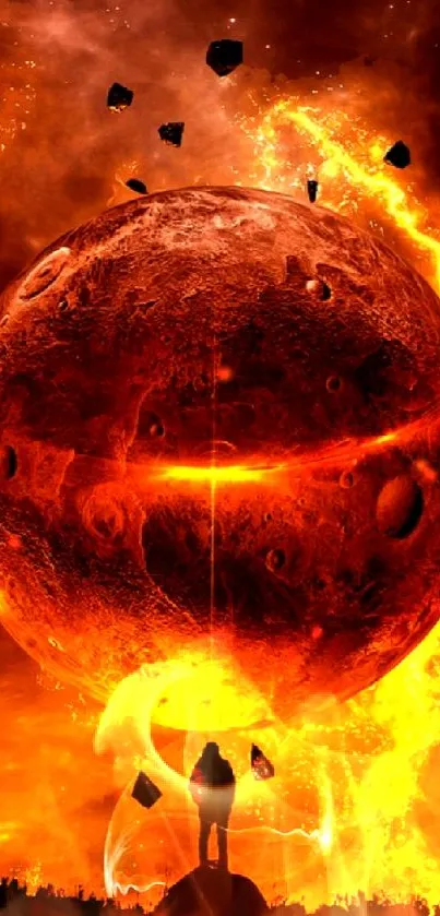 Fiery planet amidst cosmic explosion with starry background.