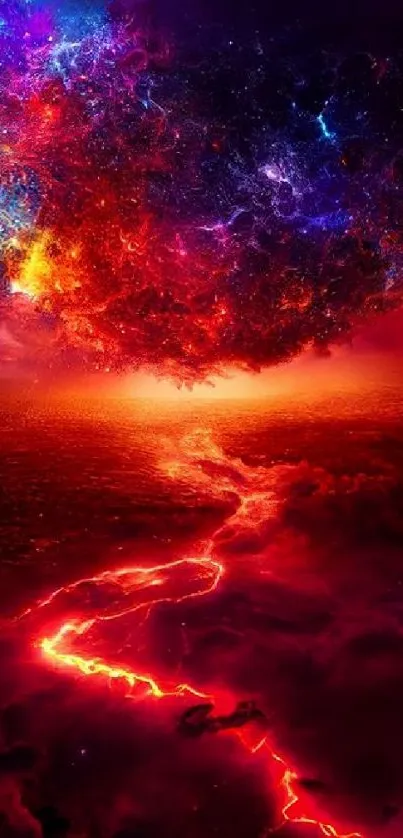 Fiery cosmic explosion with red and purple hues on a dynamic wallpaper.