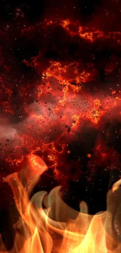 Fiery cosmic explosion wallpaper with swirling flames.