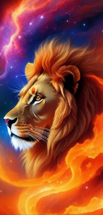 Fiery orange lion with cosmic background art.