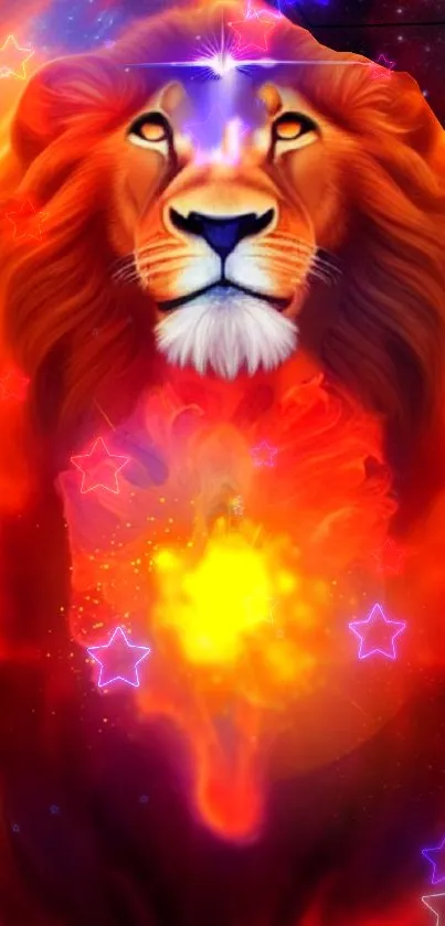 Fiery cosmic lion surrounded by stars