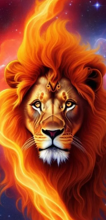 Fiery orange cosmic lion with a starry galaxy background.