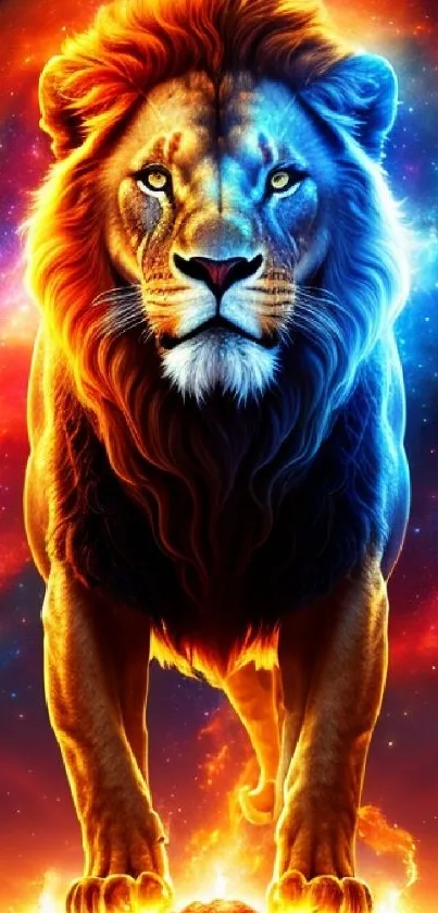 Majestic lion with cosmic fiery backdrop.