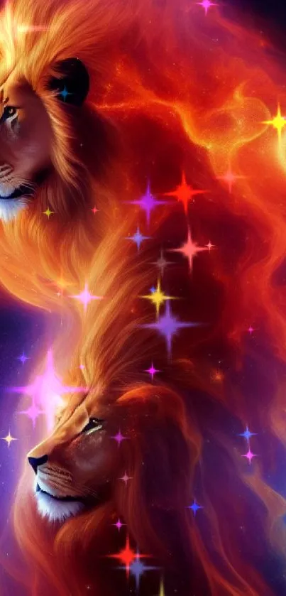 Majestic lions with fiery cosmic manes in vibrant wallpaper design.