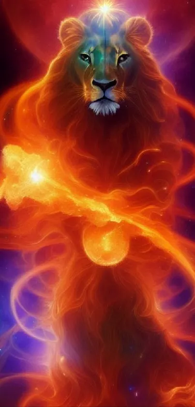 Fiery cosmic lion with a mystical, celestial backdrop.