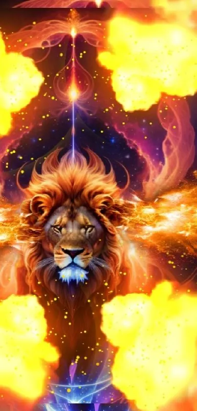 Cosmic lion wallpaper with fiery, vibrant colors.