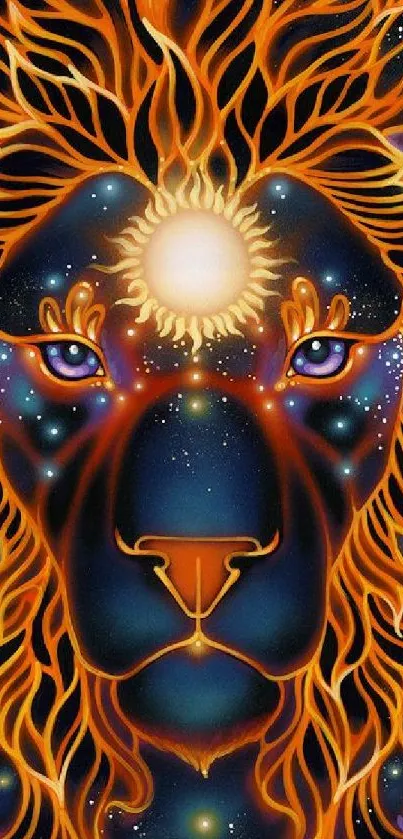 Fiery lion with cosmic elements and a vibrant starry background.