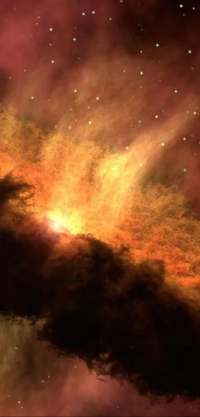 Fiery cosmic nebula with vibrant interstellar clouds and stars.