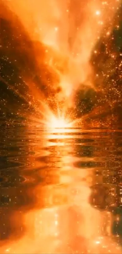 Fiery cosmic scene with orange hues reflecting on water.