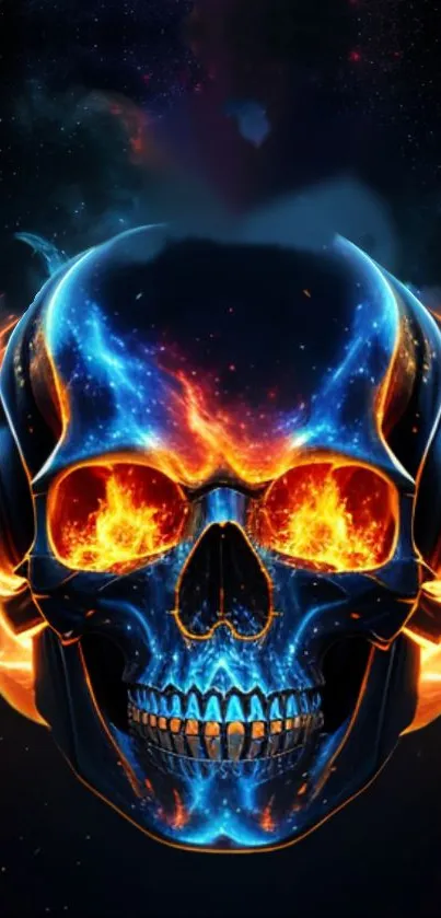 Fiery cosmic skull with blue flames mobile wallpaper.