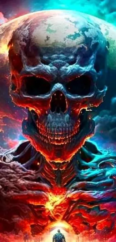 Wallpaper featuring a fiery cosmic skull with vibrant colors and dark tones.