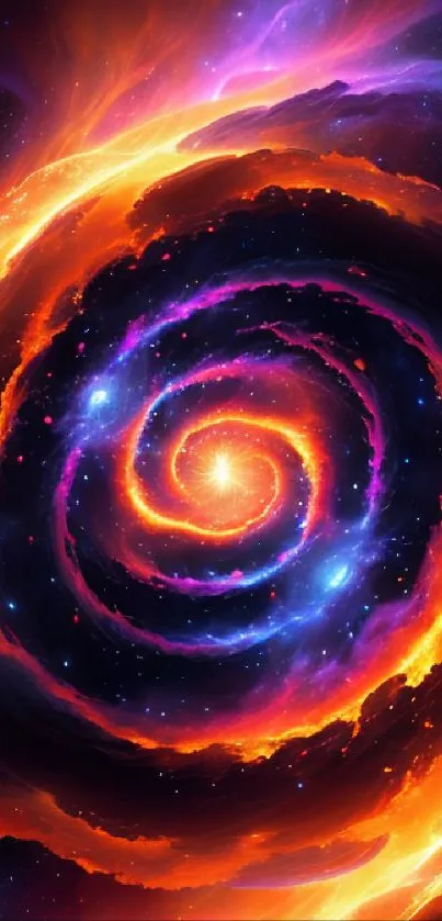 Vibrant fiery swirl wallpaper with cosmic galaxy theme.