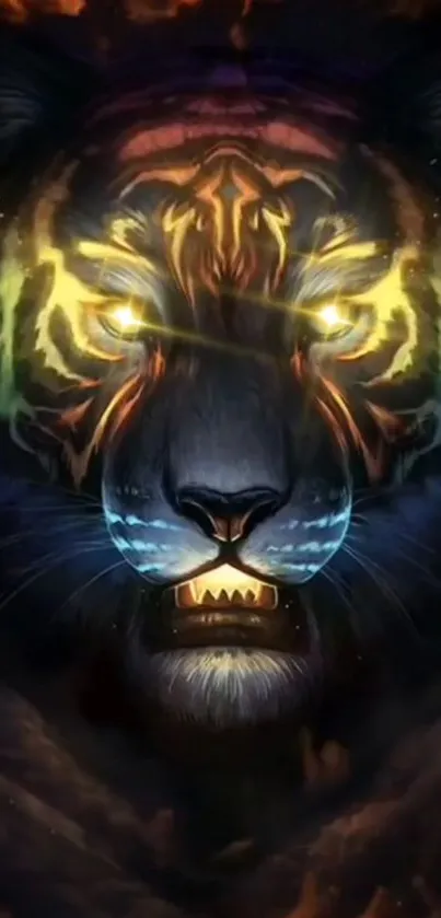 Fiery cosmic tiger art with glowing eyes and dark background.