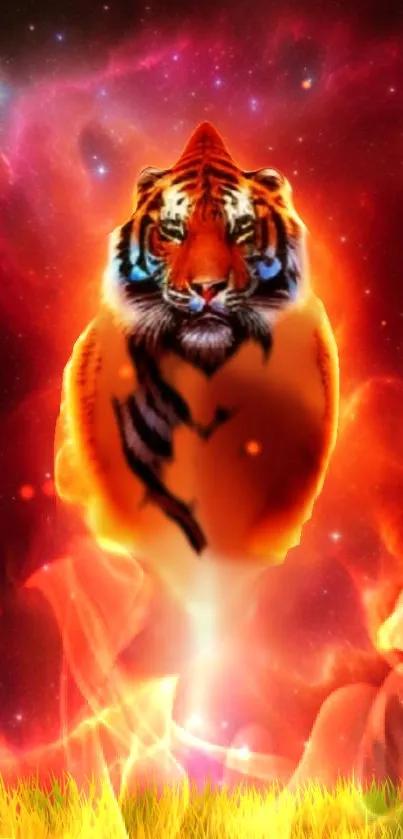 Fiery tiger floats in cosmic galaxy wallpaper with vibrant colors.