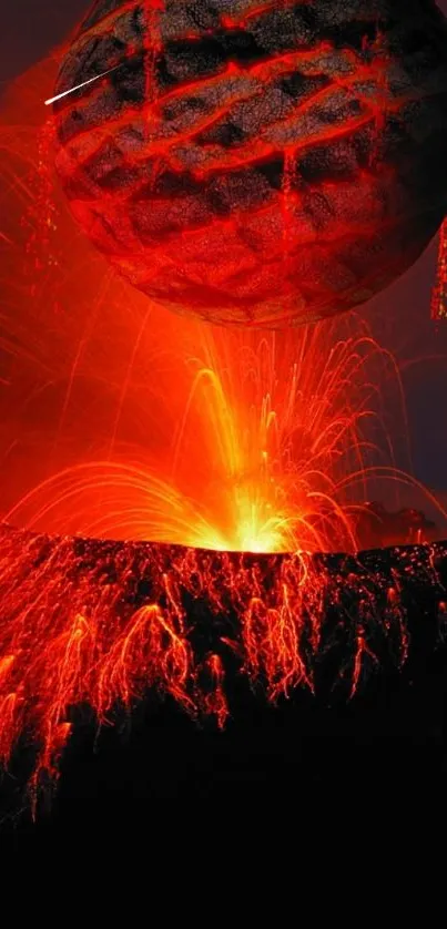 Fiery cosmic volcano with red eruptions and cosmic celestial elements in wallpaper.