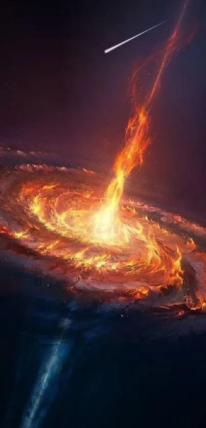 Fiery cosmic vortex with swirling flames in space.