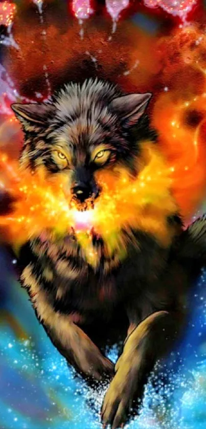 Fiery wolf with cosmic backdrop in vibrant hues.