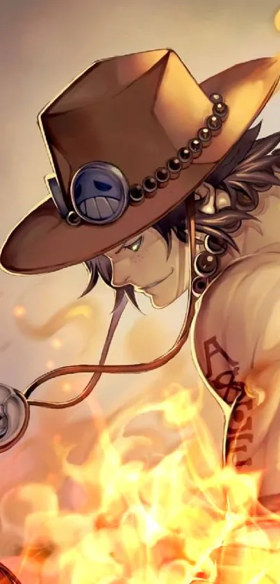 Anime character with cowboy hat and surrounding flames.