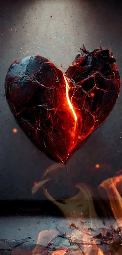 Dark cracked heart with fiery glow and flames underneath for mobile wallpaper.