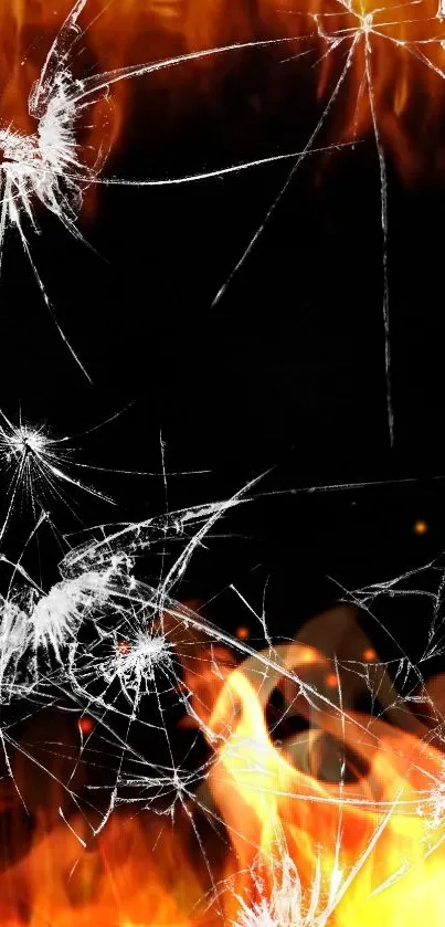 Fiery mobile wallpaper with cracked screen effect and vibrant flames.