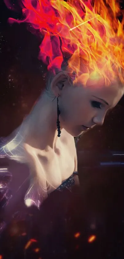Mobile wallpaper with woman and flaming hair art design.
