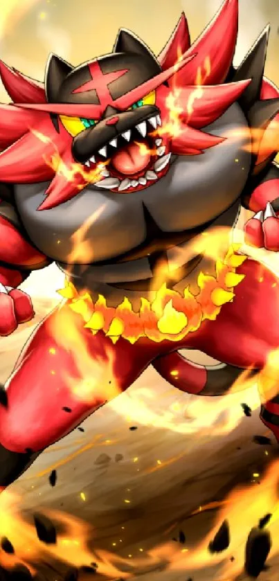 Animated fiery creature with flames, ideal for a dynamic phone wallpaper.